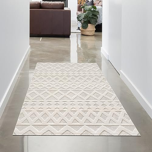 CARPETIA Weicher Teppich Kurzflorteppich Flur Läufer 3D Effekt modern Skandinavisches Zickzack Muster Uni einfarbig elegant Creme klein 80x150 cm