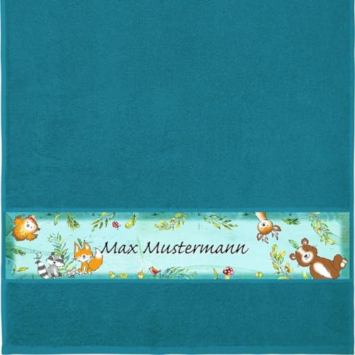 Erwin Müller Handtuch mit Namen - personalisiert - Motiv Kinder – Wald - viele Farben & Motive - Dusch-Handtuch - Petrol - Größe 50x100 cm - persönliches Geschenk mit Wunsch-Name