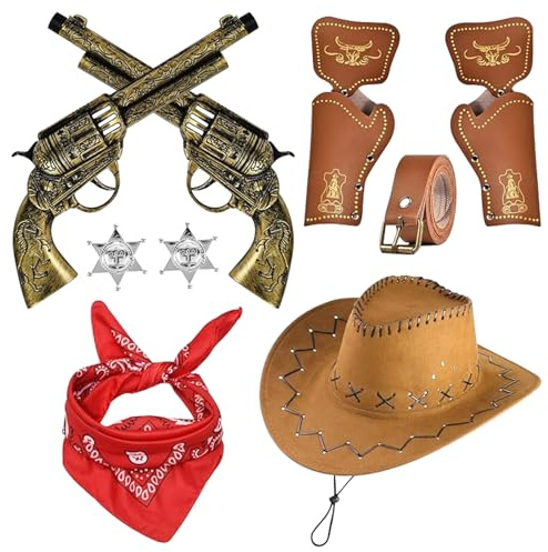 DOWNDRIFT Cowboy Kostüm Zubehör Kinder 9 Stück Western Cowboy Zubehör Kinder Bandanna bzeichen Gürtel Holster Halstuch Western Cowboy Kostüm für Karneval Cosplay Halloween Party Dress Up