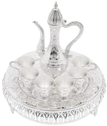 DeeDuud Set di brocca per bicchieri da vino, set di caffettiera turca in lega di zinco con 6 tazze da tè, 1 vassoio concavo per caffè turco, tè italiano, whisky brandy bevande (argento)