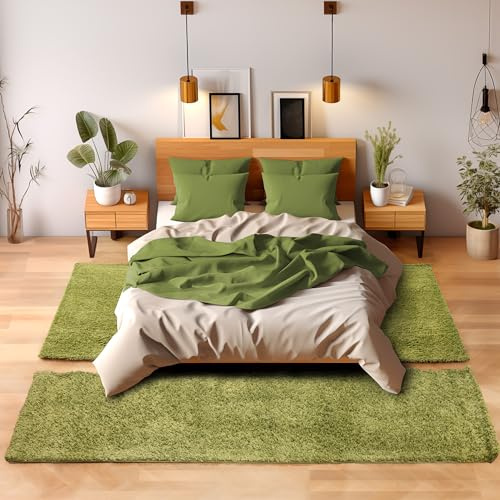 SIMPEX Bettvorleger Schlafzimmer Teppich Läufer Flur Teppich Küchenläufer Hochflor 3 Teiliger Set Bettumrandung Einfarbig Modernes Design Soft Flauschig & Extra Weich Farbe: Grün
