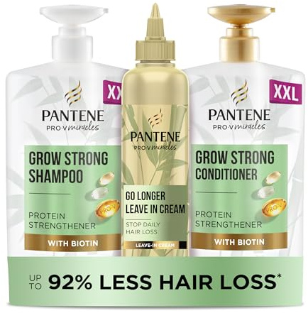 Pantene Grow Strong Shampoo and Conditioner Set and leave in cream to promote hair growth. For dry, damageed hair, helps reduce hair loss, strengthen and thicken hair.