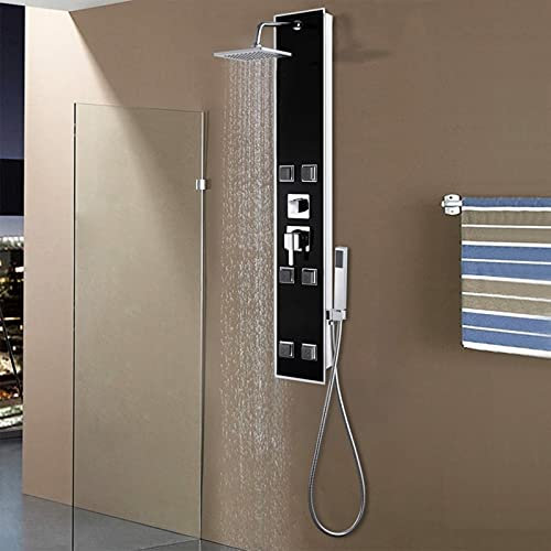 ARKEM Pannello Doccia in Vetro 18x42,1x120 cm Nero,Colonna Doccia Idromassaggio Miscelatore per Vasca Funzioni Pannello Doccia Set Acciaio Inox Sistema Set Doccia con Soffione Fisso,Massaggi,Doccetta