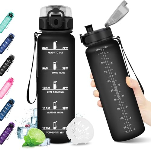 KollyKolla Gourde 1L Sport, Gourde Sport, Bouteille d'eau 1 Litre avec Marqueur de Temps et Filtre, Étanche, sans BPA, Water Bottle pour Enfant, l'école, Cyclisme, Fitness, Yoga, Bureau, Gym
