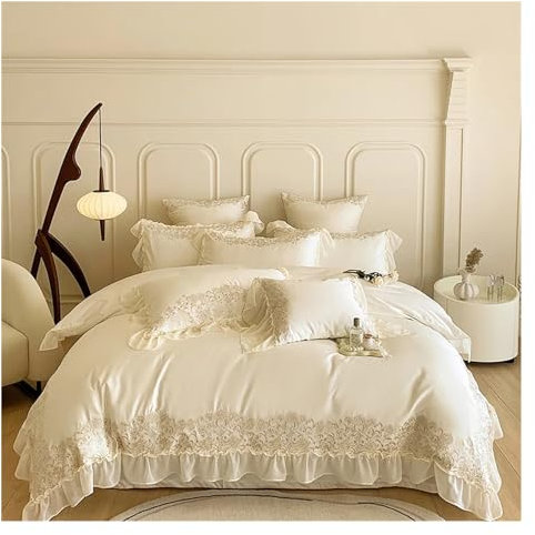 Bettwäscheset mit französischer Spitze, 1000 TC, ägyptische Baumwolle, Stickerei, Bettbezug-Set, Bettlaken, Kissenbezüge, Luxusbett in Einer Tasche (Beige, King)