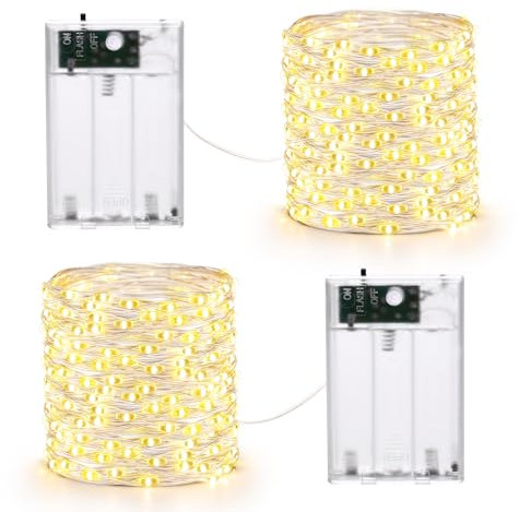 Qedertek 2 Piezas Luces de Navidad, 10M 100 LED Guirnalda de Luces con Pilas, 2 Modos, Cadena de Luces de Alambre de Plata, Luz Blanco Calido para Decoración Interior, Bodas Fiesta Arbol de Navidad