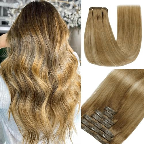 GUDOZO clip in extensions echthaar Hellbraun mit hellbraunem Goldverlauf 7pcs 40cm 120g Echthaar extensions clip Nahtlose Echthaar Clip-In Volumen Damen