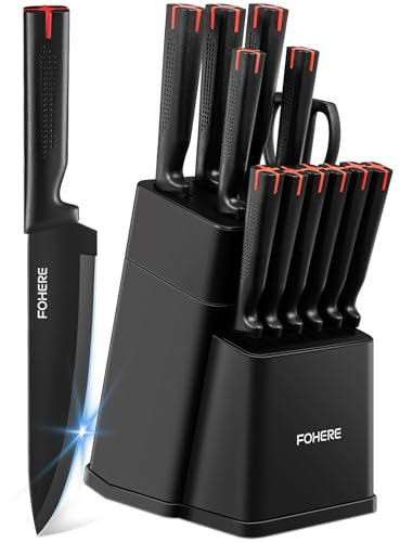 Messerblock set FOHERE 13 Teilig Messerset mit Messerschärfer Scharf Edelstahl Küchenmesserset mit Messerblock und Kunststoff-Griff,Schwarz