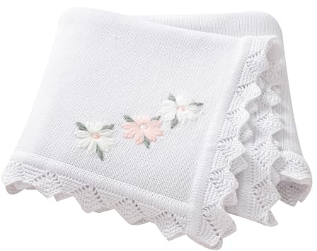 LAWKUL Baby Blanket 100% Traceable Cotton Knit Receiving Blankets Soft Swaddle for Newbron Boy Girls 100X80cm (White Floral)