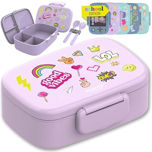 BEARFOOT Lunchlåda för barn med fack, BPA-fri, lunchlåda, bentolåda, brödlåda för flickor och pojkar, snackslåda, 100 % läckagesäker, vesperlåda för dagis, skola (klistermärkeslila)
