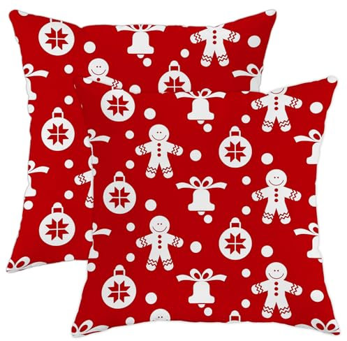 Weihnachts-Kissenbezüge mit rotem Lebkuchen und Glocke, dekorative Wurfkissenbezüge, festlich, quadratisch, für Zuhause, Sofa, Bett, Couch, Dekoration, 40,6 x 40,6 cm, 2 Stück