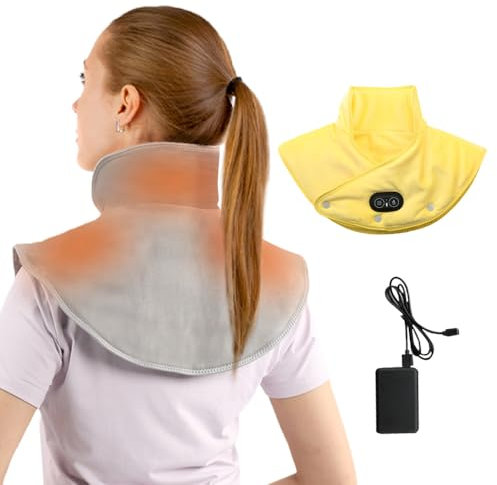 Electric Neck and Shoulder Heating Pad, 2024 Neuest Nackenwärmer mit Vibration, Wärmekissen Elektrisch Heizkissen Nacken Schulter Nackenheizkissen Waschbar 9 Heizstufen für Schulter Nacken (Gelb)