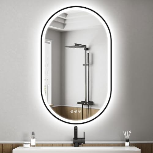 STARLEAD Svart spegel badrum oval med ljus och Bluetooth 100 x 60 cm, LED-badrumsspegel med anti-dimma, justerbar, 3 färger ljus, minne, IP44, härdat glas, horisontell/vertikal, icke-metallisk ram
