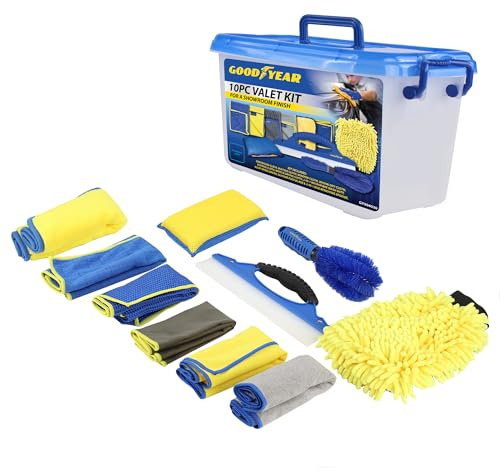 Goodyear 10pc Valet Kit – Car Cleaning & Detailing Set with Microfibre Cloths, Wash Mitt, Alloy Brush, Silicone Blade & Bug Removing Sponge – Showroom Finish