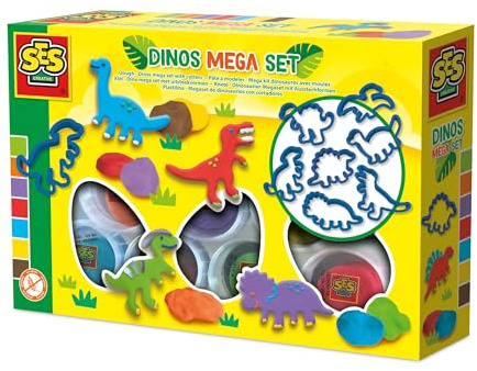 SES Creative Knete mit Zubehör | Mega Set - Dinos | Bastelset | Vegan und Glutenfrei | Wiederverwendbar | Made in Holland | für Kinder ab 2 Jahren | 7 Farben | 7x90gr mit 7 Knetformen | 00503