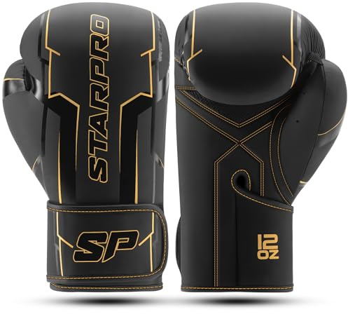 Starpro Guantes de Boxeo Premium Negros | Cuero PU | Ajuste ergonómico, Espuma de Alta Densidad, Soporte para la muñeca, Ideales para Entrenamiento y Combate