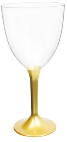Monouso | 20 Copas de Plástico para Vino, PS, 300ml, Pie Dorado, Reutilizable, Elegantes, Copas Transparentes, Ideales para Fiestas y Celebraciones, Hasta 125 usos