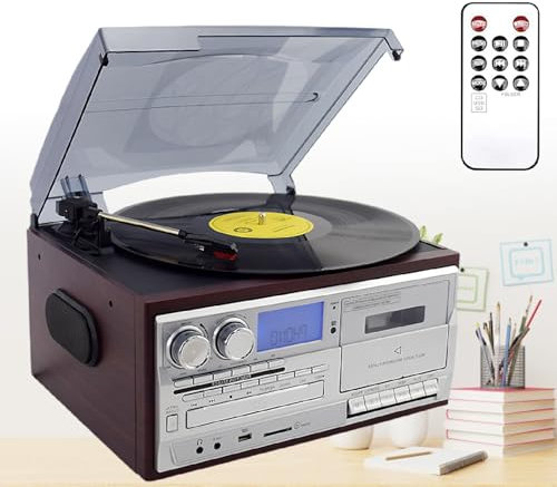 XEEAOFE Giradischi Stereo Bluetooth in Vinile, Giradischi Stereo A 3 velocità, Lettore CD, Kit Musicale, Lettore CD Codificato con Radio Am/FM con Telecomando,Silver-110V