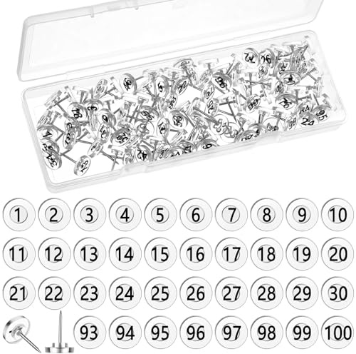 Teling 100 Stück nummerierte Reißzwecken, 100 sequentielle Reißzwecken, flache Reißzwecken mit Zahlen, 11 mm Durchmesser, 16 mm Länge, Reißnägel für Karten, Präsentationen, Fotos, Poster (transparent)