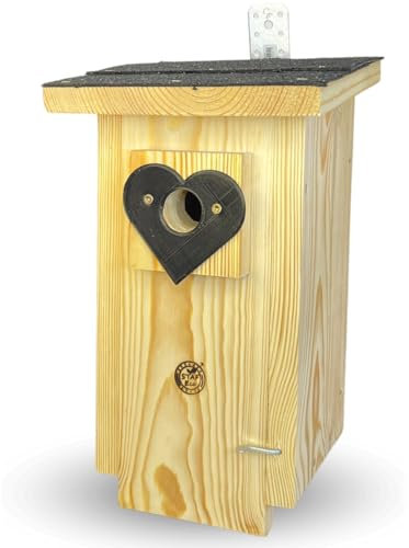 STAFECO Meisennistkasten wetterfestes Vogelhaus für Blaumeisen Kohlmeisen, Holz Nistkasten meisen mit Dachpappe Kratzschutzgitter, sicherer Unterschlupf zum Aufhängen im Garten (Herz, Naturholz 28 mm)