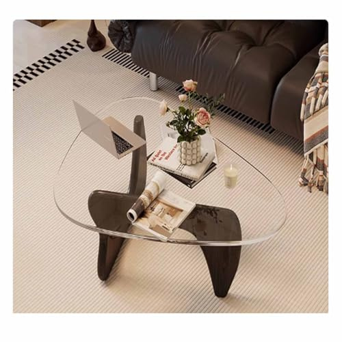 YQCXG Mesa de Centro de Vidrio Triangular, mesas de Centro Modernas de Vidrio y Madera de Nogal, Mesa de Centro de Mediados de Siglo, Tablero de Vidrio Templado, Base de Madera Maciza, p