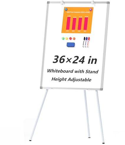 Large Whiteboard Easel with Stand, 36 x 24 Portable Standing Magnetic Dry Erase White Board, 3' x 2' Tripod Height Adjustable Flip Chart Easel for Home Office Classroom School, Silver