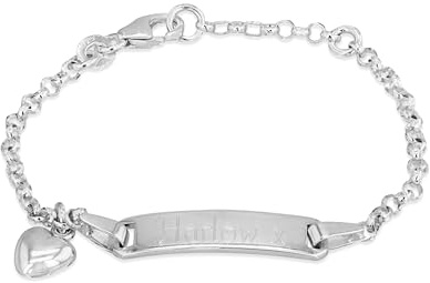 HURLEY BURLEY LONDON Personalised Sterling Silver Christening Bracelet for Babies with Puffed Heart Charm, Baby ID Bracelet, 14cm