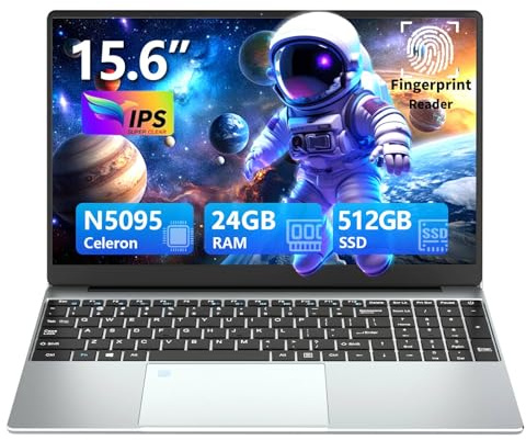 15,6 Pulgadas Ordenador Portátil 24GB DDR4 RAM 512GB SSD, Celeron N5095, 180° Flip IPS Pantalla, Win 11 PC Portatil Esbloqueo Huellas Dactilares, Teclado Retroiluminado,Webcam,Mini HDM,WiFi5,USB 3.0