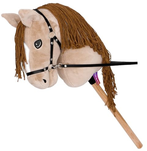 Start Hobby Horse - Caballo de peluche con palo de madera – Caballo realista con melena larga para peinar – Caballo de juguete suave para niños (A3), color beige