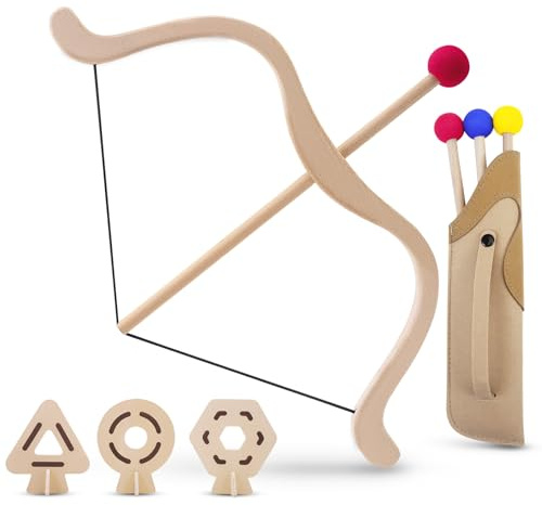 Arc et Fleches Enfant en Bois avec 3 Flèches, 3 Cibles et 1 Carquois Tir à l'arc pour Enfant (Intérieur et D'Extérieur), idéal pour garçons et Filles à partir de 3 Ans