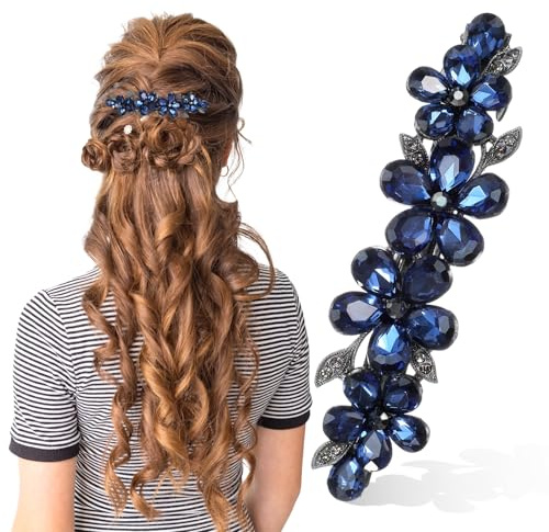Shimmeroo Navy Diamante Hair Clips for Women, Sparkly Rhinestone Flower Bridal Barrettes Crystal Wedding Diamanté Bridal Hair Accessories for Bride Prom Flower Girls Long Hair(Blue)