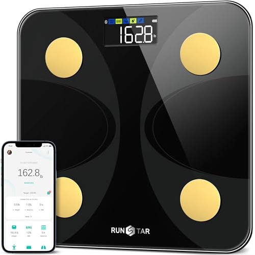 RunSTAR Balance pese Personnes pour poids et masse grasse, Précise avec grand écran, 13 Données corporelles, Appli connectée, Admissible, Noir et or