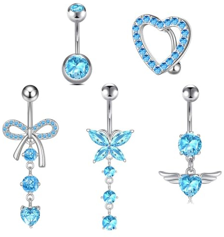DiiWmme Lot de 5 faux piercings de nombril en acier inoxydable à clipser avec pendentif en forme de cœur et papillon, alternatif pour filles, taille unique, Acier inoxydable, Pas de gemme