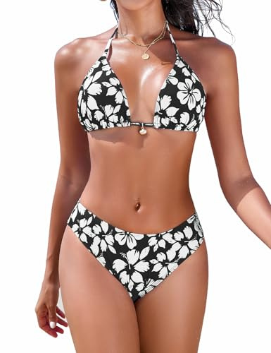 Nadeer Bikiniset för kvinnor, triangel bikini, sexig halterneck, bikiniöverdel, blommönster, push-up, tvådelad baddräkt, hög midja, bikinibyxor, Svart blomma, XS