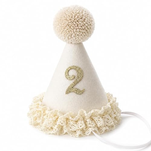 Gorro Cumpleaños 2 Años en Fieltro Beige con Pompón, Encaje y Número Dorado, Corona Cumpleaños Tela para Photocall, Cake Smash, Fiesta Infantil, Decoración y Recuerdo Familiar para Niños