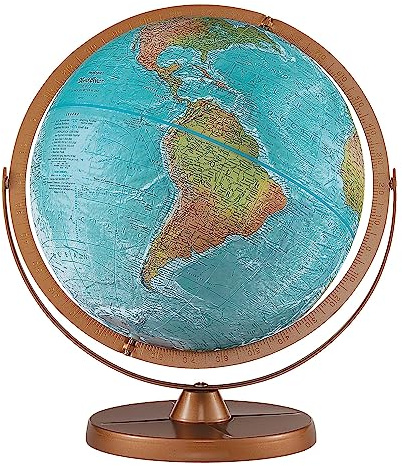 Atlantis 12 Diameter Globe, USA Cartography with Ocean and Mountain Relief and Sturdy Metal Base. True to its name, Atlantis features more ocean details than any other Replogle Globe. Brightly colored blue oceans show undersea physical features represented by embossed raised relief texture, taking this fantastic sphere to the next level. True to life land areas are also showcased with realistic coloring that perfectly illustrates the mountains, deserts, forests and grasslands of planet Earth making this globe one of a kind! The classic look of this stunning globe is complemented by its finished metal base and matching full swing gyro-matic mounting, with a fully numbered meridian. The meridian swings up or down to allow you a closer look of any