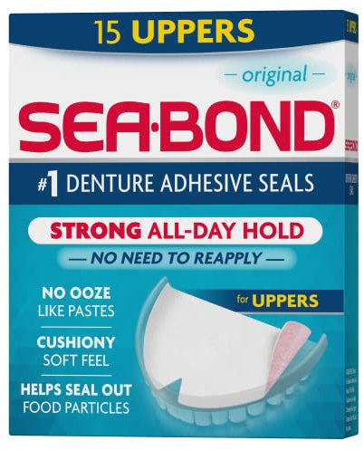 Sea Bond Secure Denture Adhesive Seals, Original Uppers, Zinc-Free, All-Day-Hold, Mess-Free, 15 Count (Pack of 1)