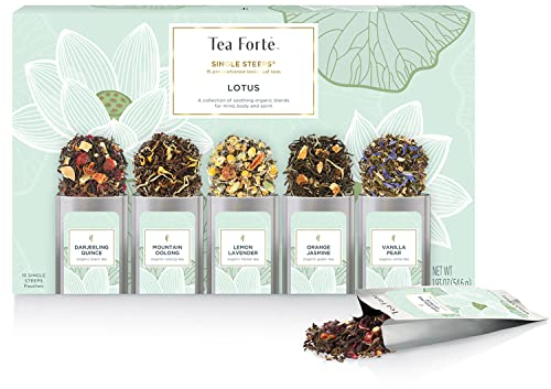 Tea Forte Single Steeps Loose Leaf Tea Sampler, Assorted Variety Tea Box, 15 Single Serve Pouches, Gifts for Mom, Lotus Tea