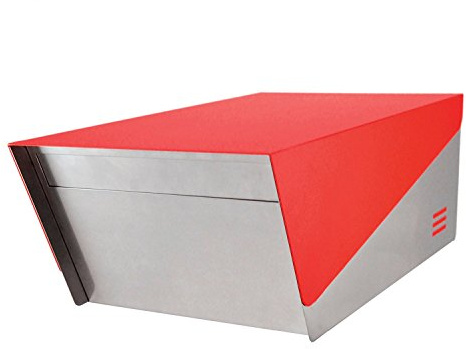 KATANABOX Prime DR - Modern Stainless Steel Post Mount Mailbox with Lock, Mid-Century Double Door Square Mailbox, Waterproof Outdoor Letterbox for House, 19 x 11 x 7, Rear Access, Red