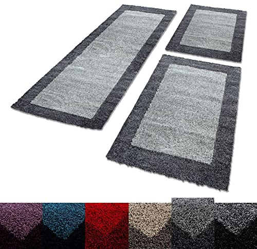 Unbekannt Shaggy Hochflor Teppich Carpet 3TLG Bettumrandung Läufer Set Schlafzimmer Flur, Farbe:Grau, Bettset:2x60x110+1x80x150