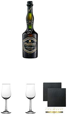 Papidoux Calvados V.S.O.P. Frankreich 0,7 Liter + 2 Bugatti Nosing Gläser mit Eichstrich 2cl und 4 cl + 2 Schiefer Glasuntersetzer eckig ca. 9,5 cm Ø