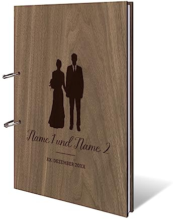 Hochzeit Gästebuch Okoume Holz Gravur individuell Holzcover mit 144 Naturpapier Innenseiten DIN A4 hoch 215 x 302 mm - Brautpaar