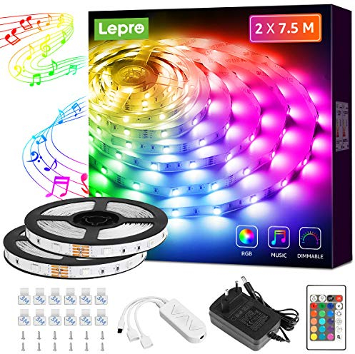 Lepro LED Strip 15M(2x7.5M), LED Streifen Musik Lichterkette mit Fernbedienung, Band Lichter, RGB Dimmbar Lichtleiste Light, Lichtband Leiste, Bunt Kette für Party Weihnachten Deko