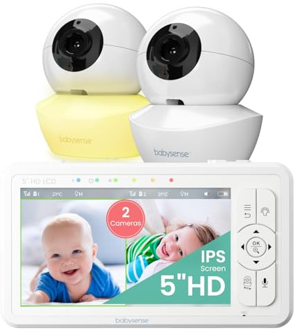 Babysense 5 HD Non-WiFi Split-Screen Baby Monitor, Video Baby Monitor with Camera and Audio, Two HD Cameras 720p, Night Vision, 300m Range, Two-Way Audio, 4x Zoom, Night Light, 4000mAh Battery