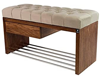 EMRA WOOD M-DEKO LPS-1 Sitzbank Schuhbank Chesterfield Gesteppt mit Schublade Bezug aus Beigem Velours Gestell aus Holz Nach Maß (Höhe 55cm Tiefe 35cm, 55)