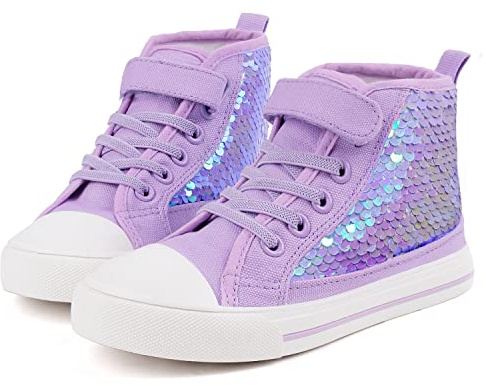 Toandon Girls Kids Canvas Shoes Sneakers for Color Change Flipping Sequins Glitter Sparkle Glimmer High Top Adjustable Hook Loop Straps Velcro Non Slip Lightweight Purple Size 10