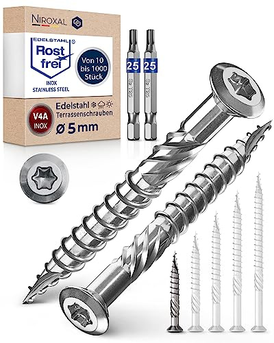 Viti a testa bombata per terrazze, 5 x 40, in acciaio inox A4, viti a testa bombata Torx, spessore 5 mm, 1000 pezzi, viti per legno Torx, lunghezza 40 mm, con 2 punte Torx