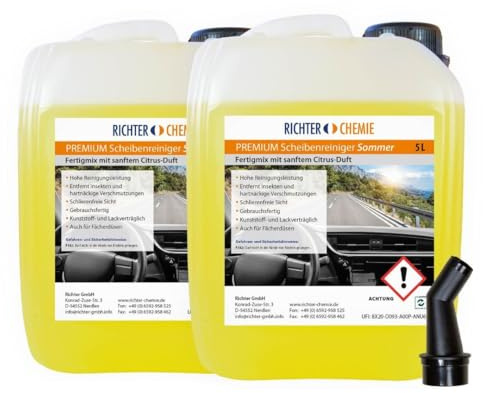 Richter Chemie Auto Scheibenreiniger Sommer Scheibenwischwasser 2 x 5 Liter | Streifenfreie Reinigung, Gegen Insekten & Teer, Kompatibel mit Fächerdüsen & SRA, Inkl. Ausgießer, Made in Germany