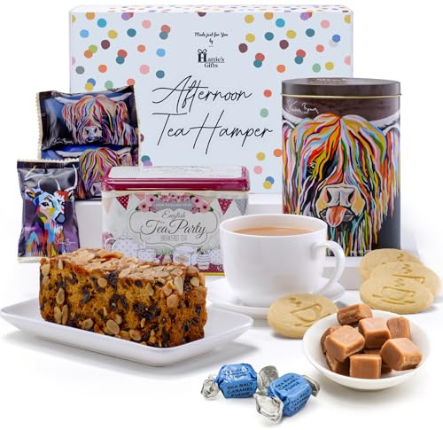 Hattie’s Gifts Steven Brown Art Oor Senga Tea Gift Set | Luxury Scottish Gift Set: Shortbread, Dundee Cake & Fudge in Decorative Tin