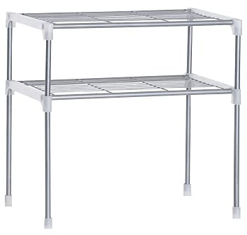 VIVAAS 2 Tier Expandable Microwave Oven Rack Stand With 6 Hooks & Stainless Stell Material Ideal For Kitchen Storage
